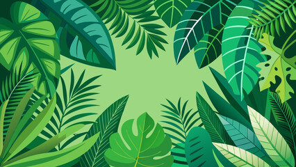 Vibrant green tropical leaves border with light green background