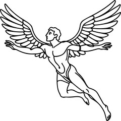 Winged man flying with outstretched arms in outline style  