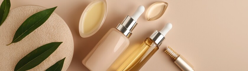 A serene arrangement of skincare products displayed alongside natural elements, emphasizing beauty and self-care.