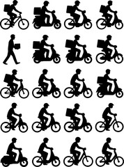Silhouette icons of delivery riders on bikes, scooters, and cycles with packages. Great for food delivery, courier, logistics, and transportation service design projects.
