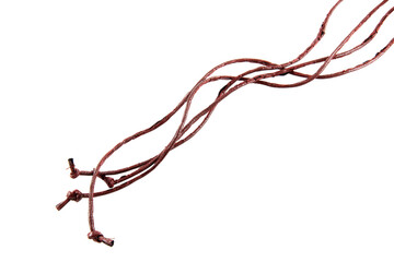Brown leather rope, coiled into shape isolated on white background.