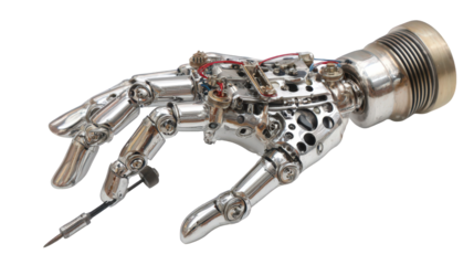 Highly Detailed Chrome Robotic Hand on Transparent Background