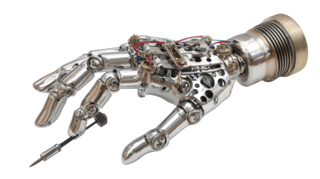 Highly Detailed Chrome Robotic Hand on Transparent Background