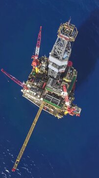 Aerial view of a multi-legged oil platform in the ocean, featuring red cranes and a yellow boom against deep blue sea.