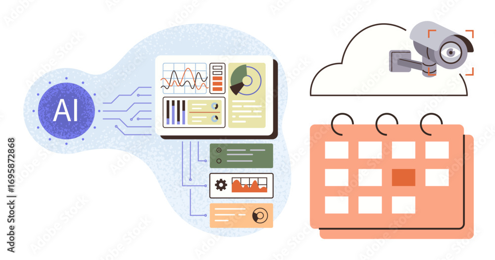 Poster ai node processes data analytics, event scheduling grid, cloud-linked surveillance camera. ideal for