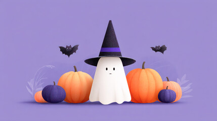 Cute ghost character wearing a witch hat surrounded by pumpkins and bats, creating a whimsical Halloween atmosphere with vibrant colors