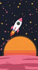 Cartoon Rocket Over Pink Horizon