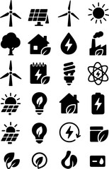 Black eco-friendly icons showcasing renewable energy, solar, wind, electricity, water, and sustainable living. Perfect for environment, energy, and green technology projects.
