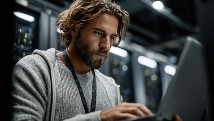 A man is smiling joyfully while looking at a tablet in a server room