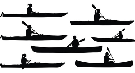 people paddling kayaks silhouettes against white background