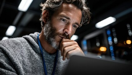 A man is smiling joyfully while looking at a tablet in a server room
