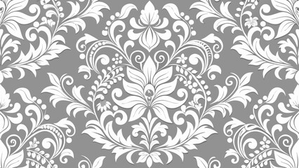 Elegant white damask floral pattern on gray background