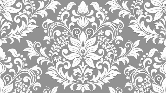 Elegant white damask floral pattern on gray background