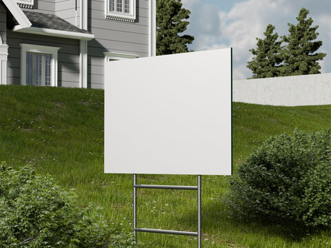 White Blank Yard Sign Mockup for Real Estate in Front of House 3D Rendering
