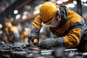 A man in a hard hat and mask works on a machine in a factory