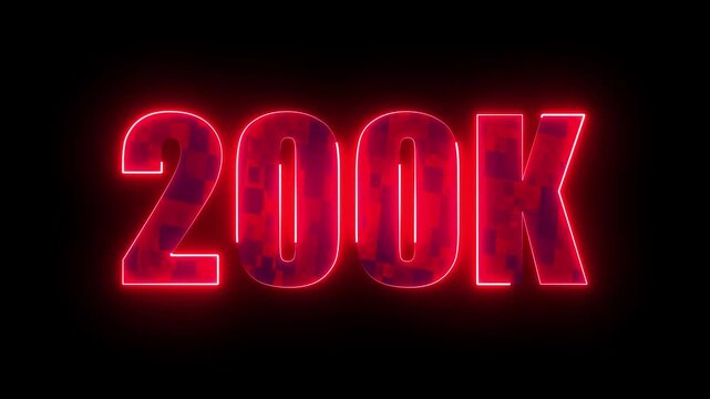 200k glowing neon red typography, futuristic milestone number design for online subscribers celebration, community success and social media digital growth