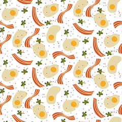 Breakfast pattern. Eggs, bacon, herbs, seasoning. Flat color seamless texture. Morning food, Cooking on white. Design for food, breakfast, picnic, hiking, camping packaging