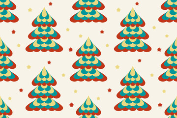 Colorful Christmas Holiday,Pine tree seamless pattern.Beautiful Scandinavian woodland folk design.Geometric ornament.Abstract vintage boho background.Cute illustration for print decor,wallpaper,etc