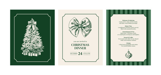 Christmas dinner invitation cards with hand drawn holiday christmas tree, bow and ornament. Festive mood, elegant vintage style. Vector sketch illustration.