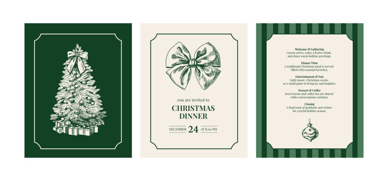 Christmas dinner invitation cards with hand drawn holiday christmas tree, bow and ornament. Festive mood, elegant vintage style. Vector sketch illustration.