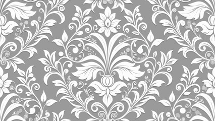 Fototapeta premium Elegant white floral damask pattern on gray background