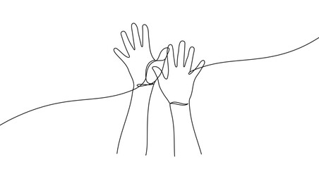 Two raised hands in one line art style. Drawing of hands with editable black stroke on white background. Vector illustration.