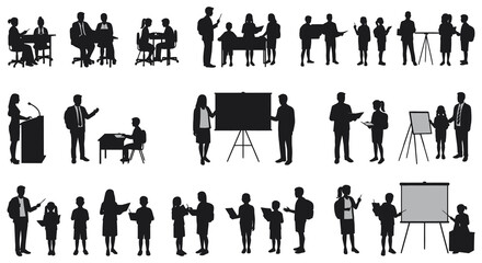 people silhouettes in various business meeting scenarios