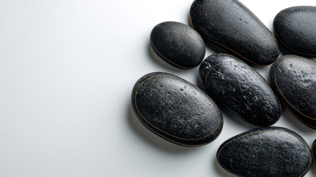 Smooth black pebbles on plain white surface