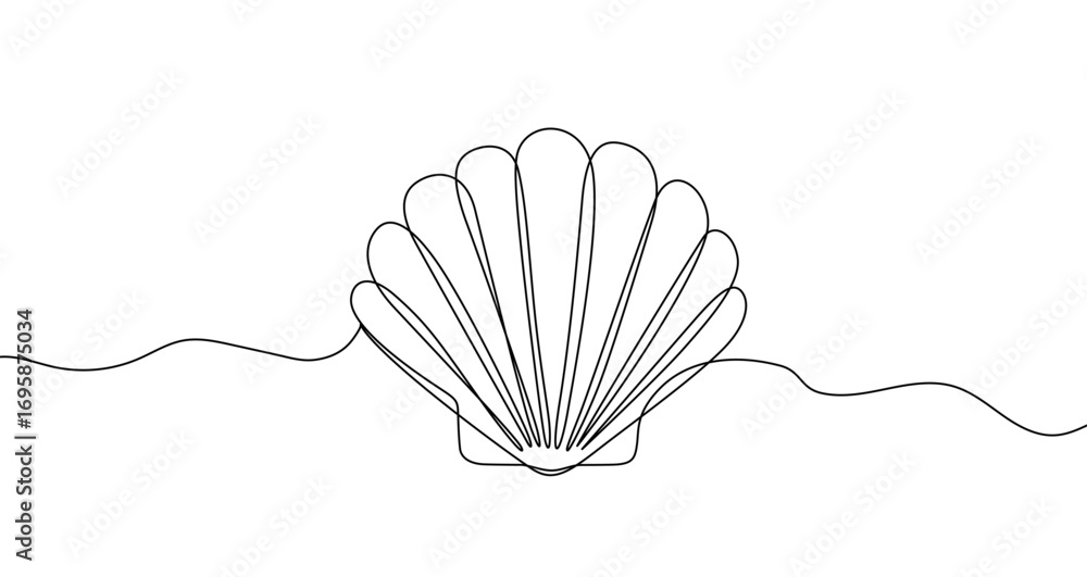Poster seashell in one line art style. drawing of a shell with an editable black stroke on a white backgrou