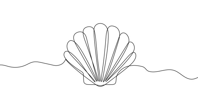 Seashell in one line art style. Drawing of a shell with an editable black stroke on a white background. Vector illustration.