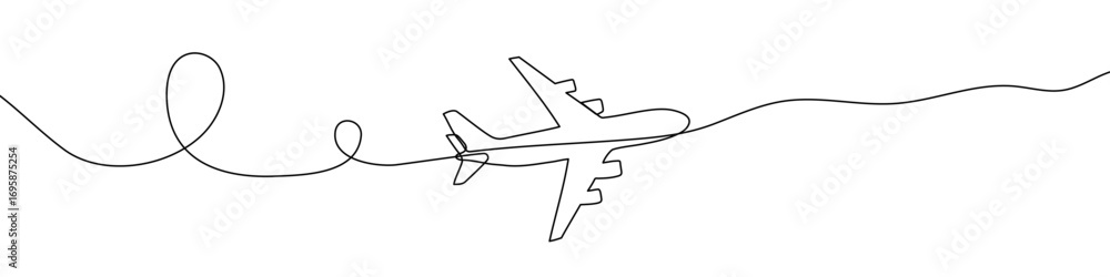 Poster passenger airplane with flight path in one line art style. airplane drawing with editable black stro