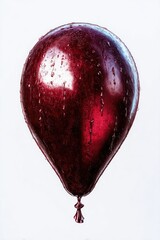 A deep burgundy balloon, glossy and reflective, with water droplets clinging to its surface