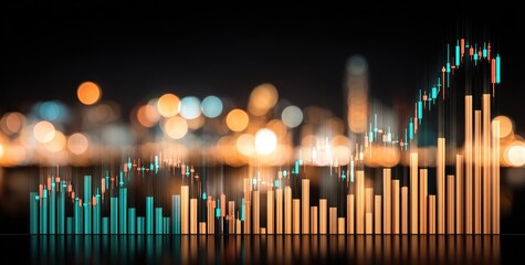 Financial data graph overlaid on a city night view