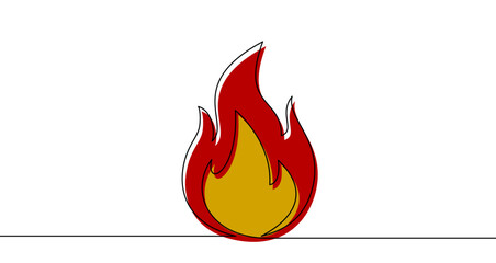 Flame of fire in one line art style. Flame drawing with color fill and black stroke. Vector illustration.