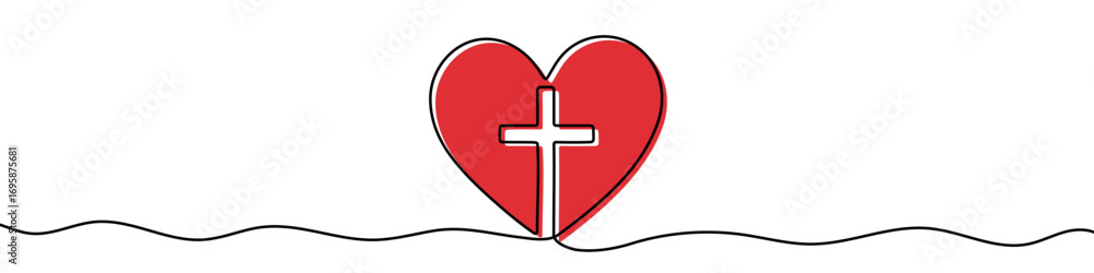 Poster heart with cross in one line art style. drawing of a symbol of faith with color fill and black strok