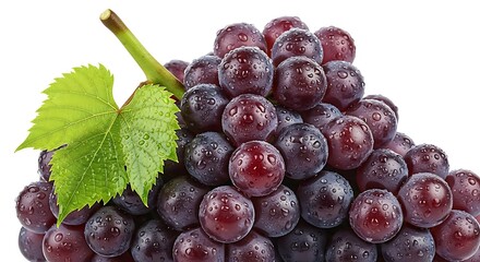 Fototapeta premium Fresh red grape bunch with water droplets glistens beside a vibrant green leaf