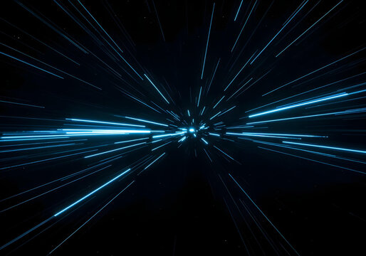 Blue light streaks from a central point in a dark background.