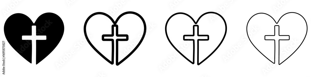 Poster set of four heart with cross icons. different styles including silhouette, outline with varying stro
