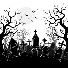 Spooky Halloween graveyard scene with tombstones silhouetted against a full moon and bats flying overhead, perfect for creating haunting invitations and eerie seasonal greetings this fall