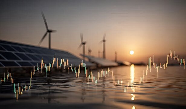 Sunset over solar and wind farm, overlaid with stock charts