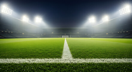 Obraz premium A brightly lit, empty soccer stadium field at night, ready for play.
