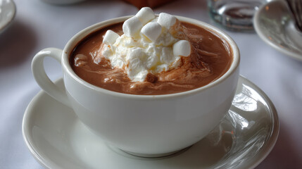 indulge in rich creamy goodness of hot chocolate topped with fluffy marshmallows presented in cozy cup on clean