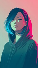 Bold Asian alt-girl with headset, casual urban look, and captivating stare representing contemporary digital subculture.