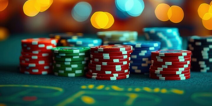 A close-up shot of colorful casino chips on a green table, ready for a game.