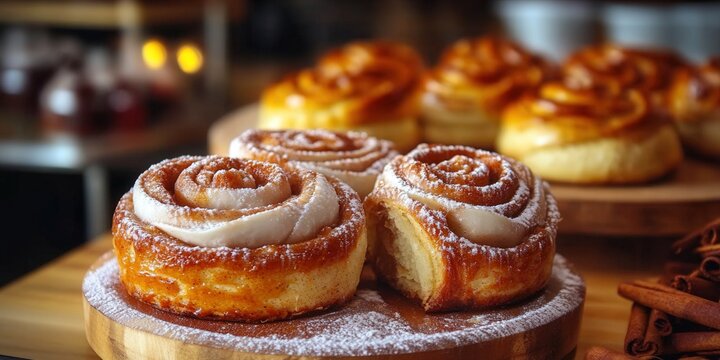 Golden brown cinnamon rolls, a delicious bakery treat dusted with powdered sugar.