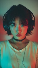 Close-up of Asian gamer girl in alternative outfit, colorful hair and headset emphasizing strong online personality.