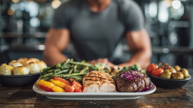 Healthy gym-goer eating nutritious food like steak, fish, and vegetables on a table. Use this to promote fitness, healthy eating, or lifestyle concepts.