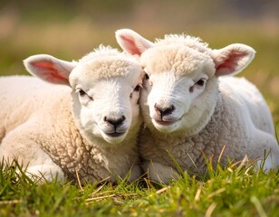 Obraz premium Cute cuddly fuzzy baby animals Spring lambs sheep siblings snuggling up together in green grass.
