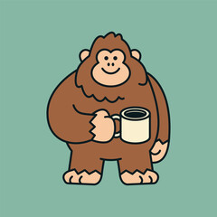 Fat Bigfoot holding a coffee mug a minimalist vector graphic depicting a festive Sasquatch holiday scene