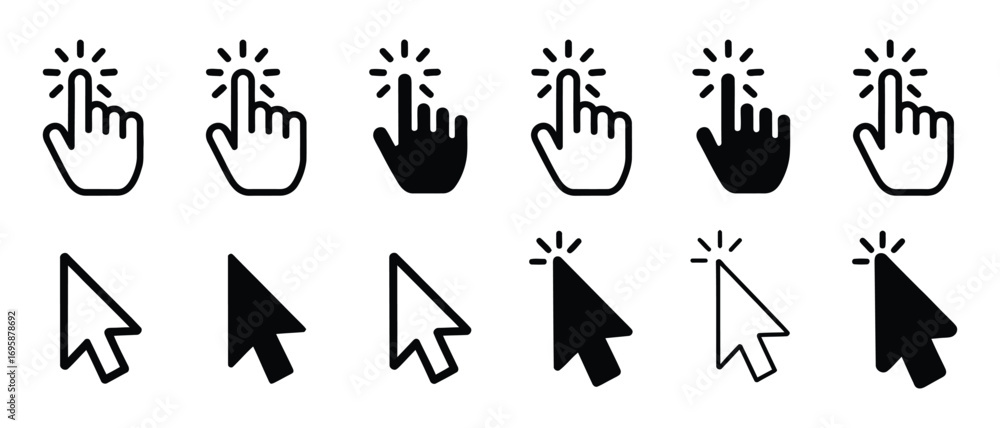 Poster transparent png available computer mouse click cursor arrow icons set. clicking cursor. hand cursors